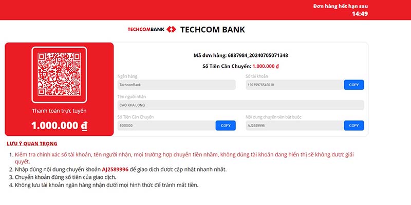 Ba bước thao tác nạp tiền vào internet banking tại go99 đơn giản